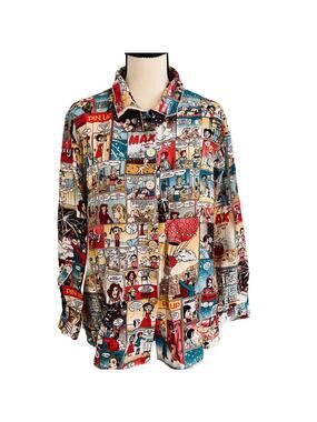 John Mark Zip-Back Comic Pop Art Print Blouse Indie Edgy Eclectic Colorful M